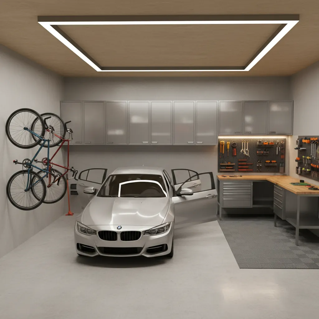 garage layout showing wall storage placement and vehicle clearance
