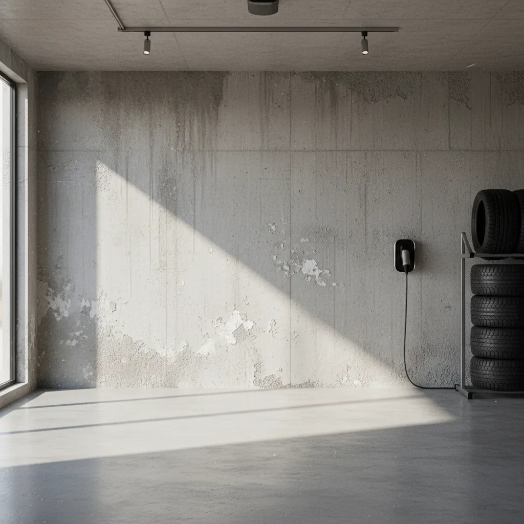 Garage wall with moisture stains and peeling paint near floor