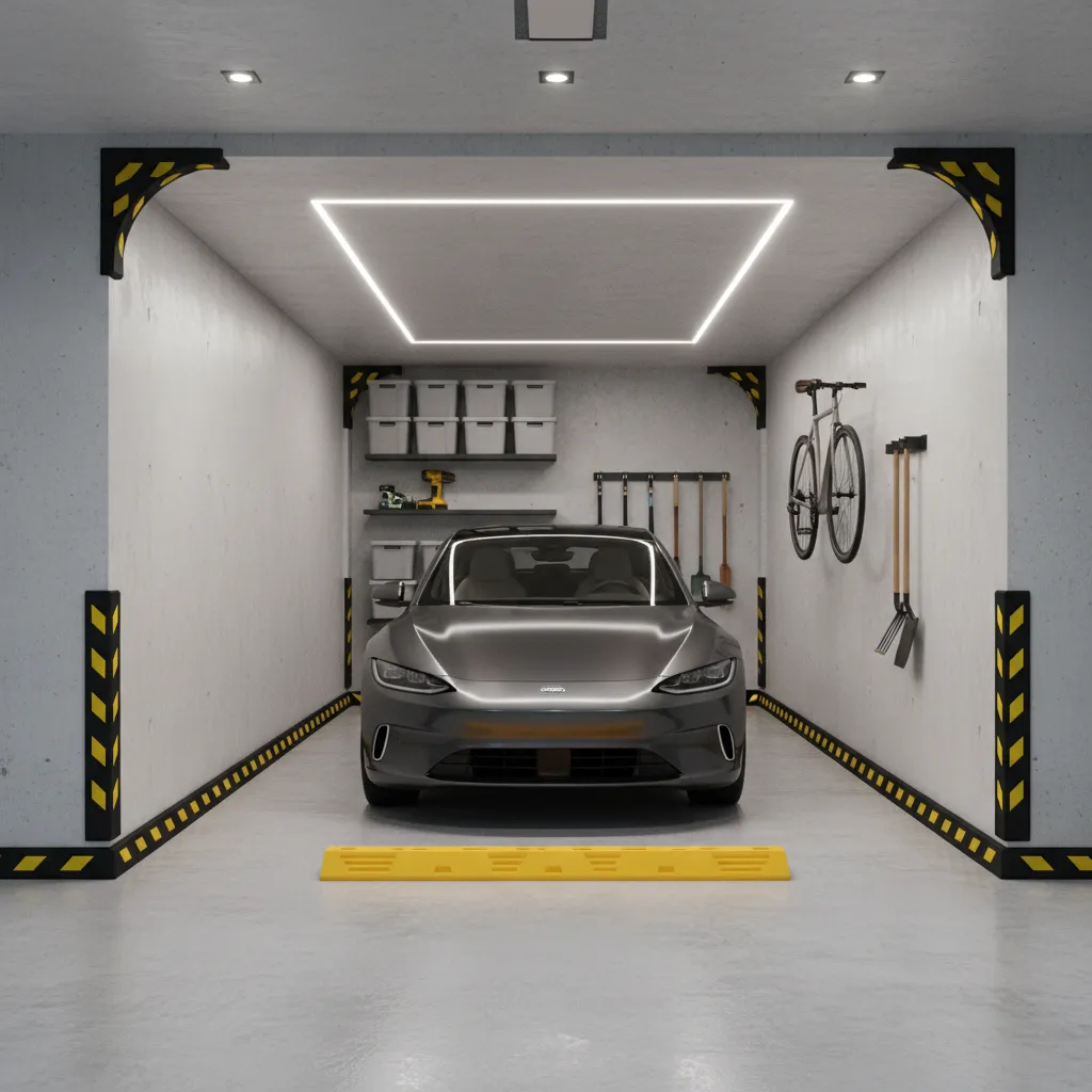 Garage wall with installed rubber corner guards and wheel stop protection