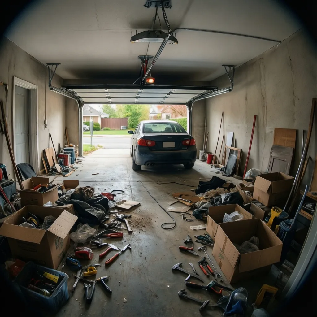 Garage with unused wall space and cluttered floor storage
