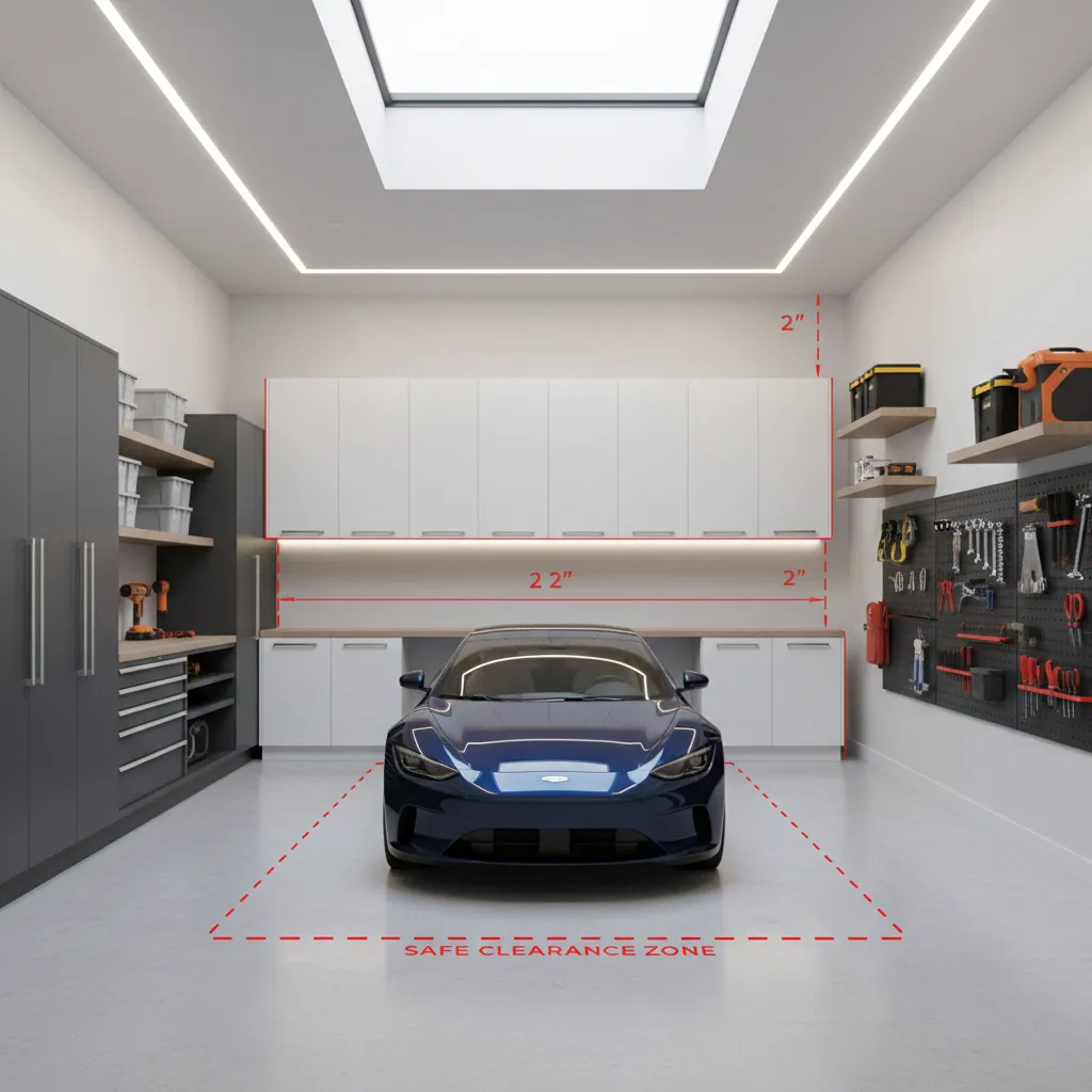 Garage storage layout showing safe clearance around parked car