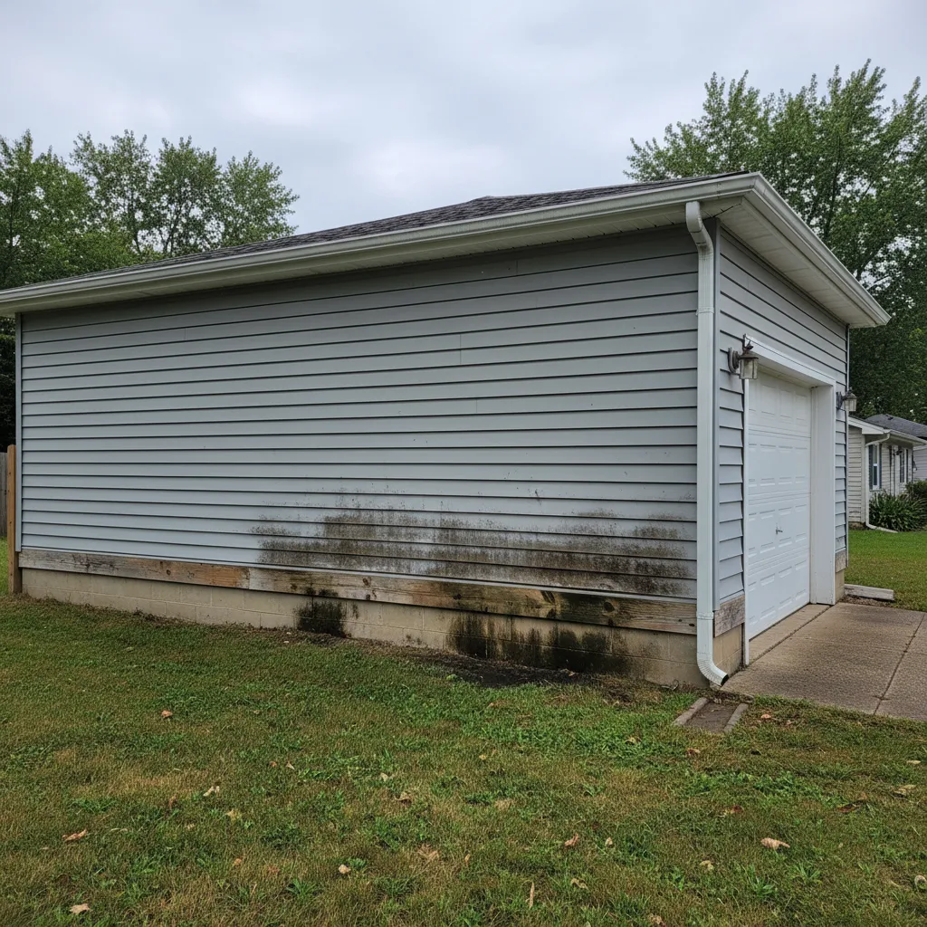 Garage exterior wall showing water stains and moisture damage