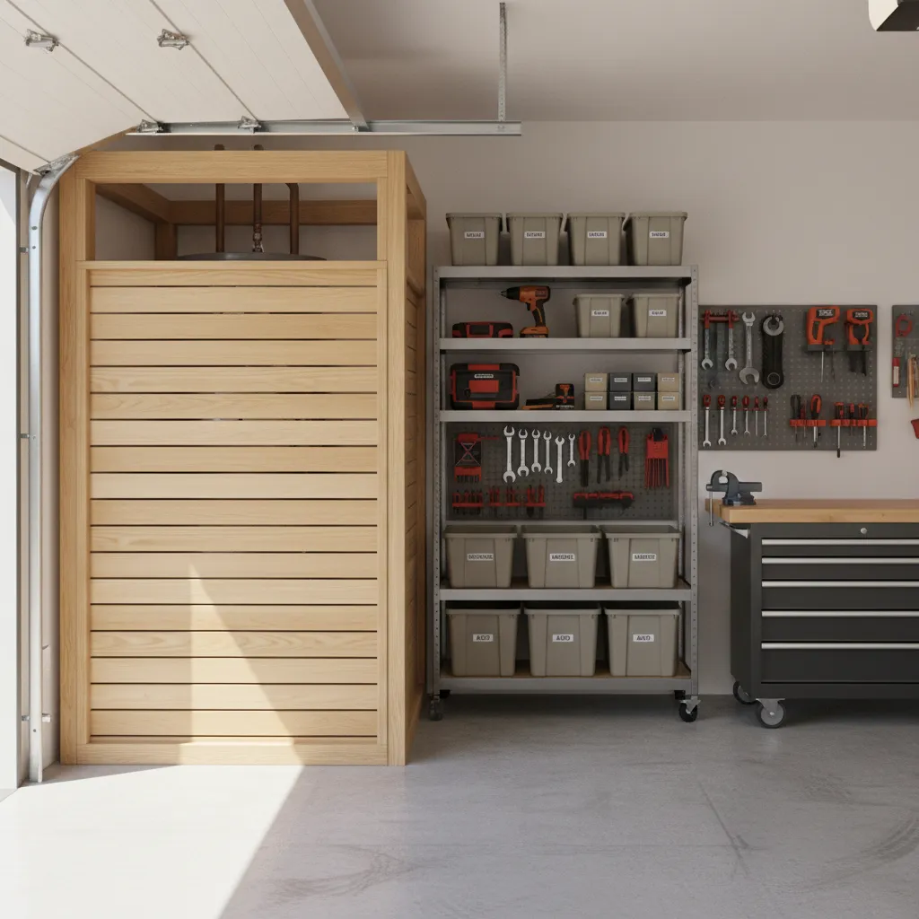 Garage storage wall with built in enclosure hiding a water heater