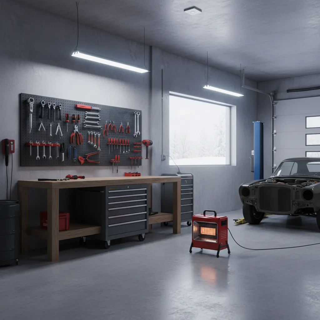 Garage workshop featuring wooden workbench with tools and a red portable heater on concrete floor