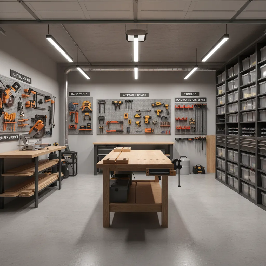 garage workshop divided into workflow zones for cutting assembly and storage