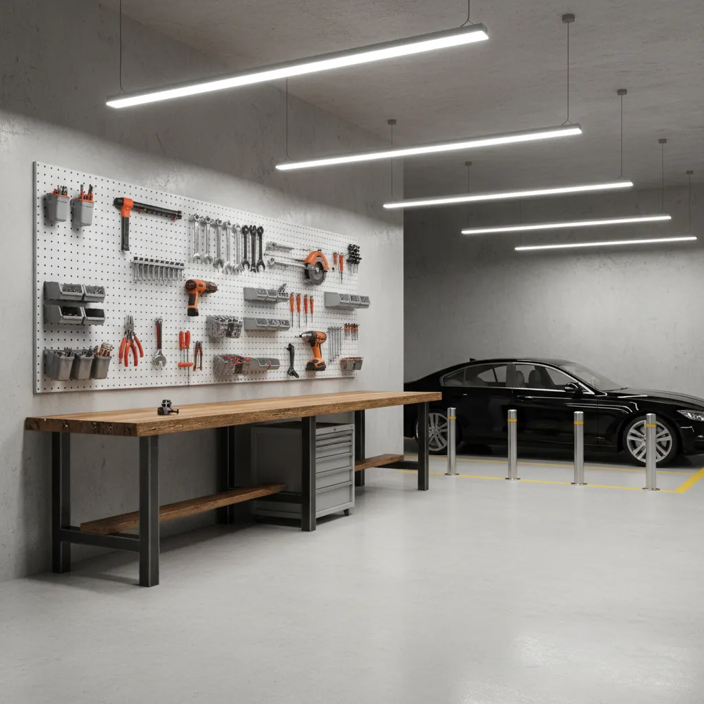 garage workspace along wall separated from car parking area