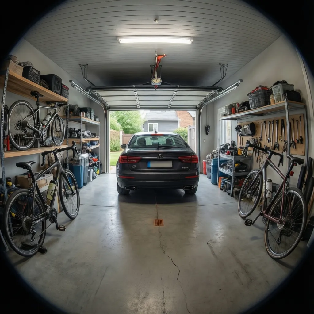 Garaje residencial amplio con espacio de almacenamiento