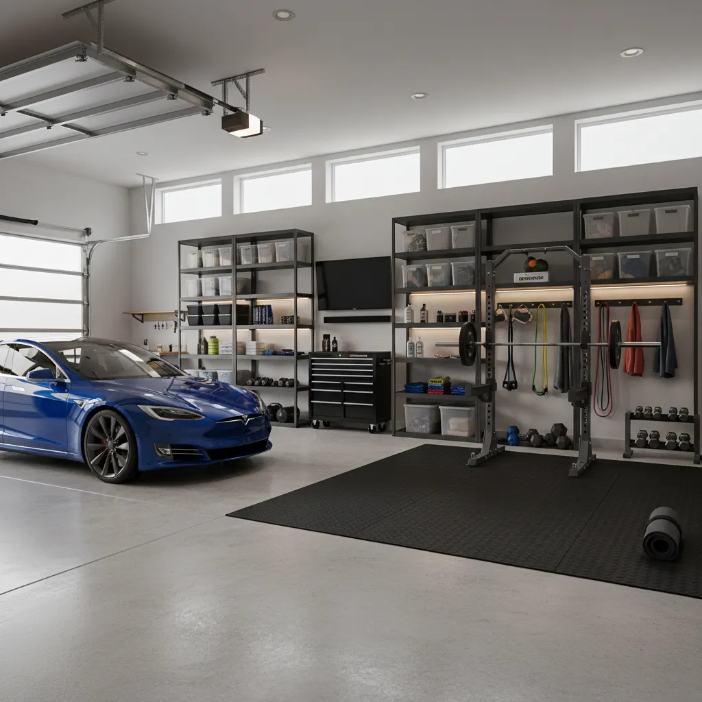 Garaje doméstico con zona de coche y área de gimnasio