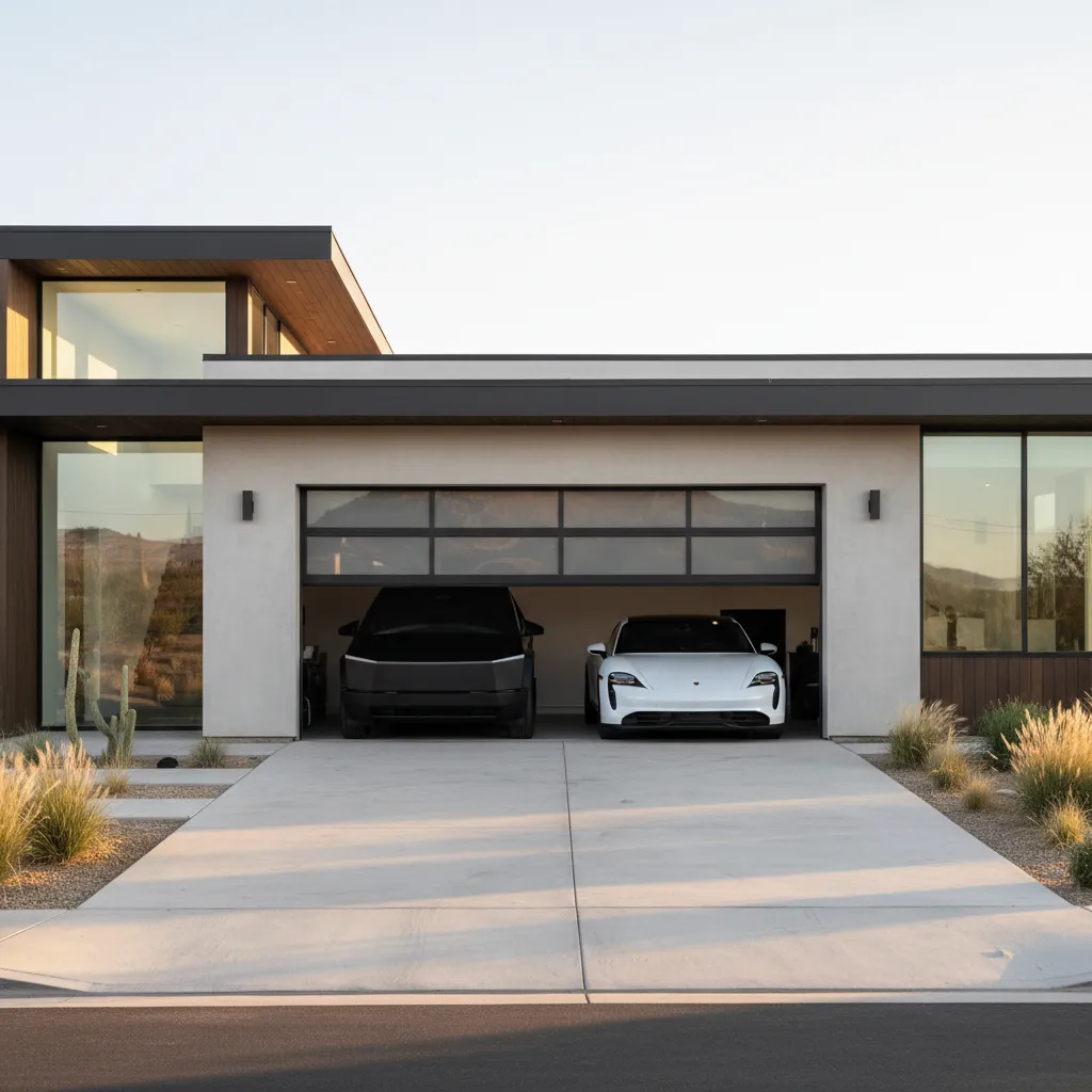 Modern house exterior with double garage showing two cars parked inside under soft warm sunset