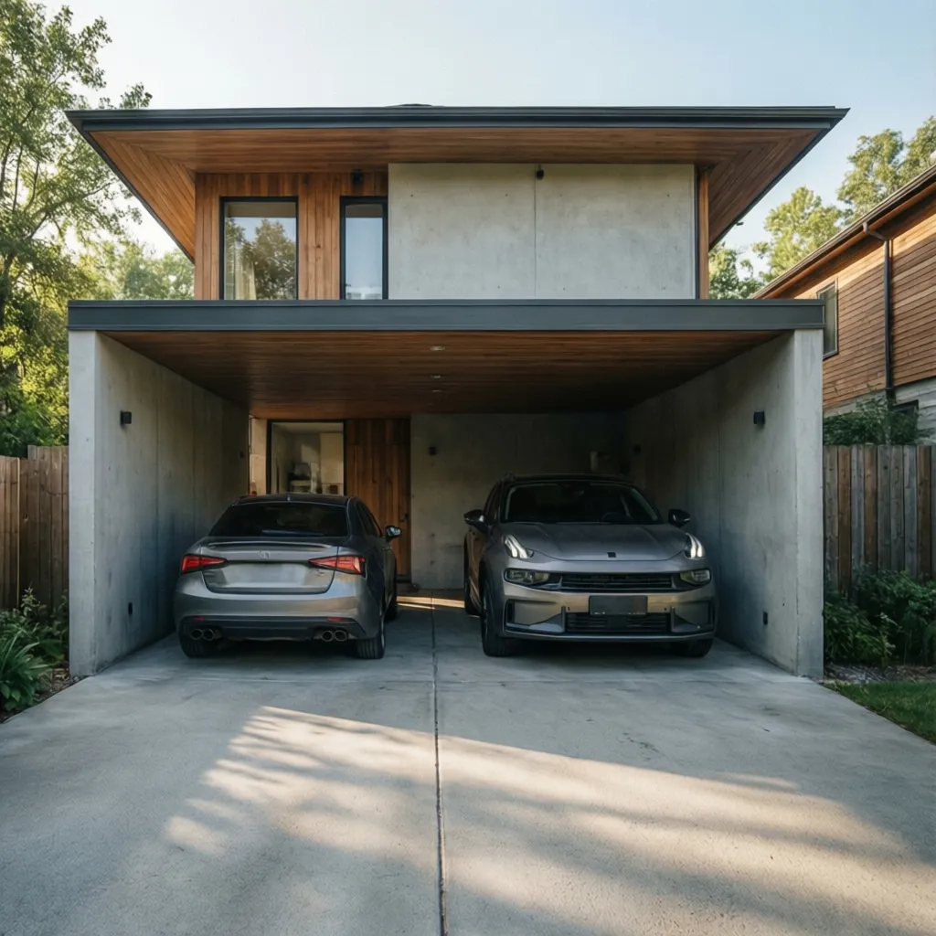 Garasi rumah modern dengan dua mobil terparkir berdampingan
