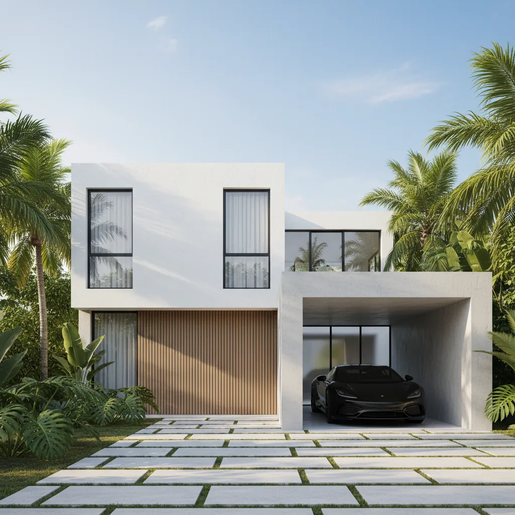 Rumah modern dengan garasi di samping bangunan