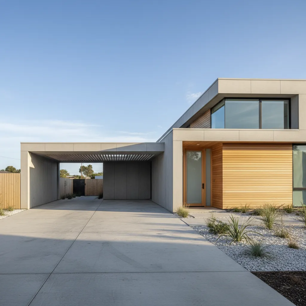 Garasi mobil di samping rumah modern