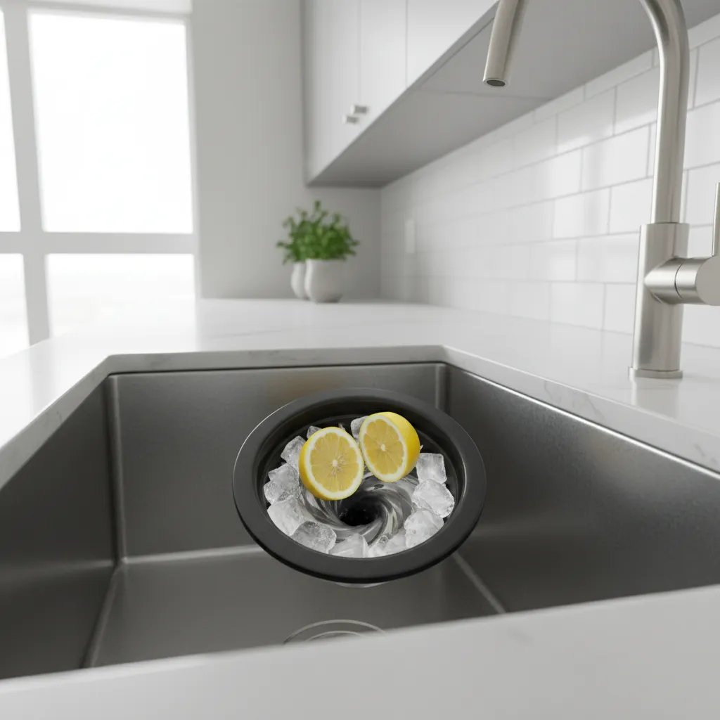 Cleaning garbage disposal with ice cubes and citrus to remove odor
