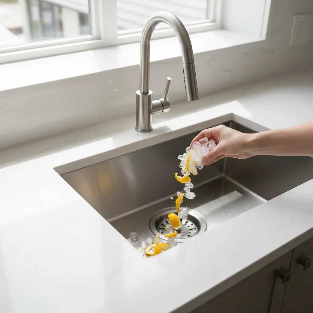 ice cubes and citrus peel used to clean garbage disposal in kitchen sink