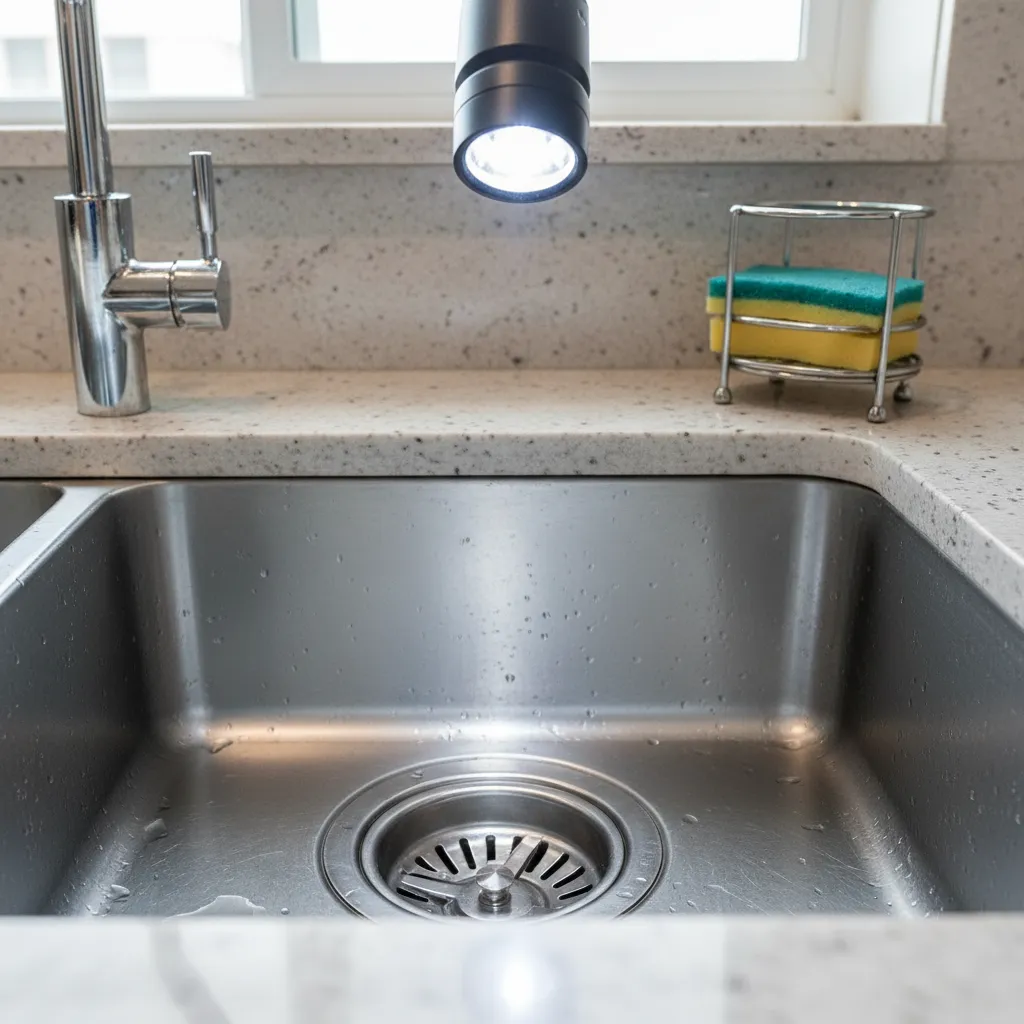 inspecting garbage disposal inside kitchen sink drain