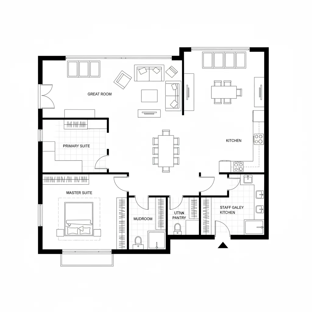 Top-down CAD plan of garden-axis villa with parallel service spine