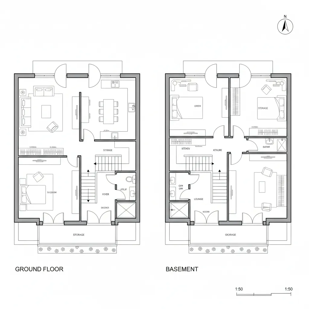 Top-down 2D CAD plan showing garden-aligned living, split core stair, and mirrored basement with lounge, gym, and storage