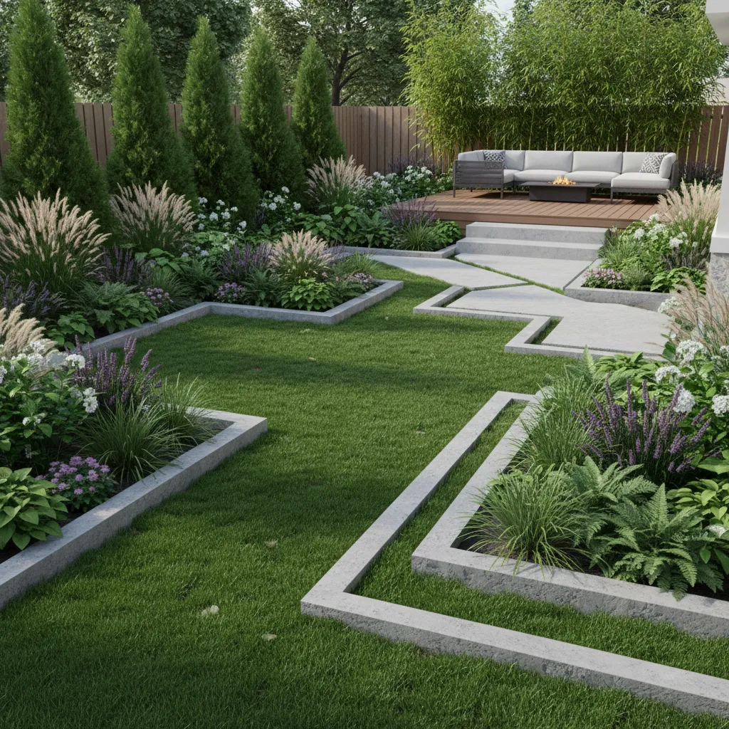 Backyard garden with green lawn concrete borders wooden deck grey sofa fire pit and plants