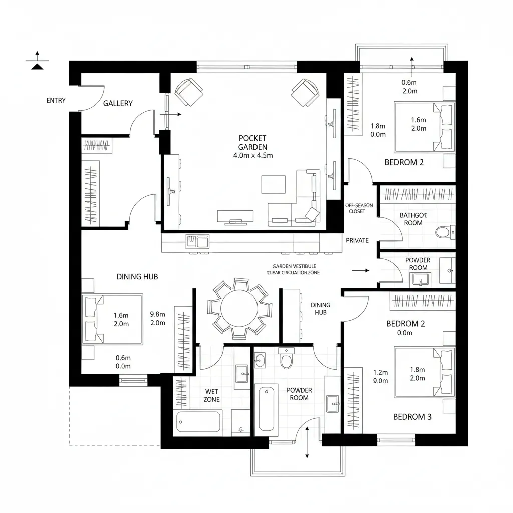 Top-down CAD plan of bedroom cluster around a pocket garden