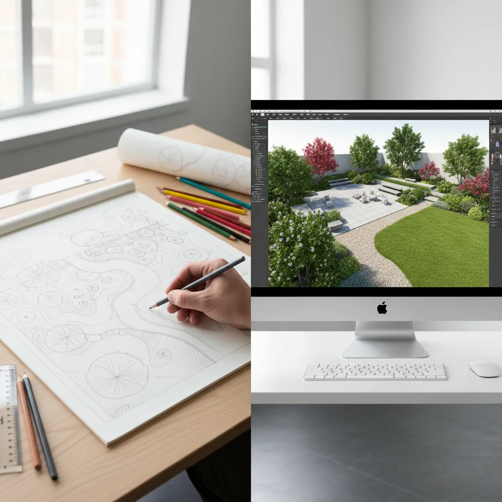 step by step garden design concept sketch transforming into digital landscape layout
