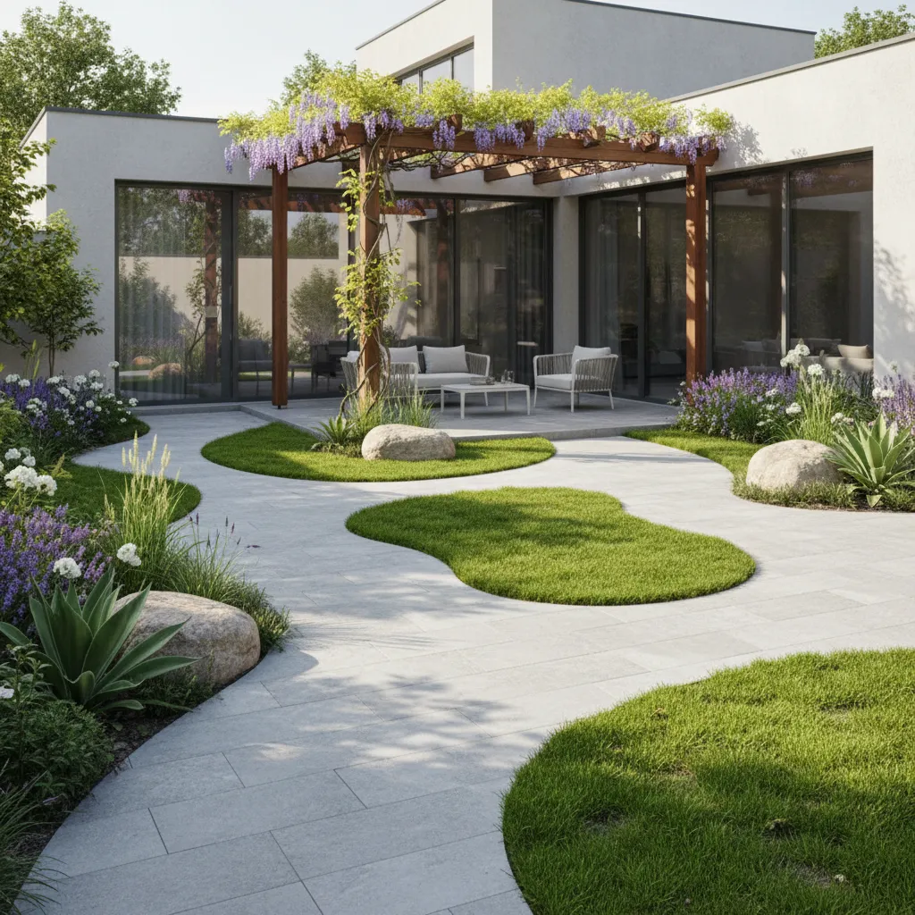 Modern house courtyard with white walls curvy stone path grass islands and flower covered pergola