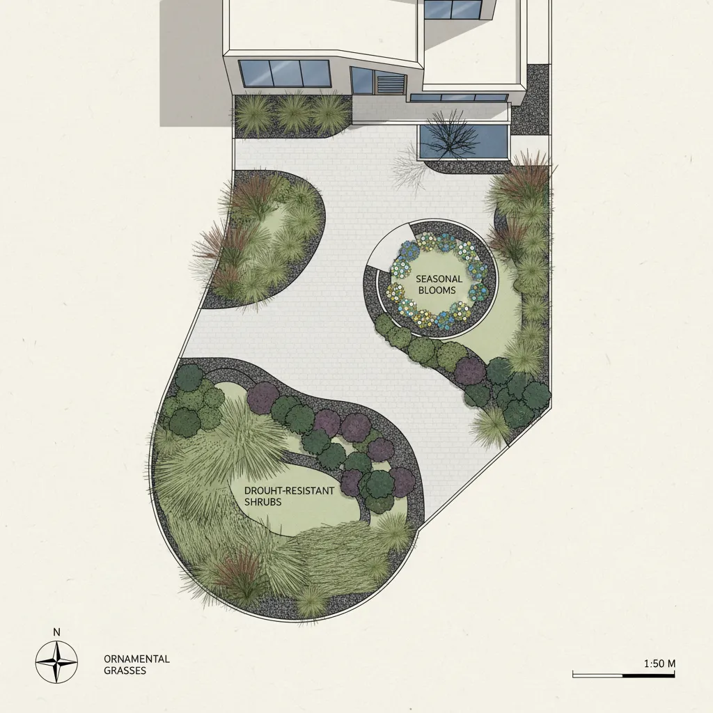 Plano de diseño de jardín delantero con caminos y zonas verdes