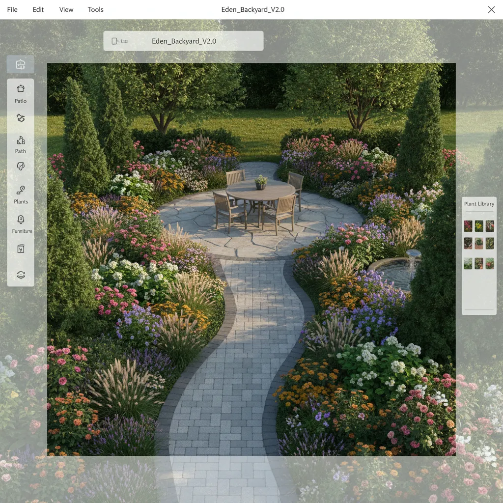 3D backyard garden layout created with landscaping design software