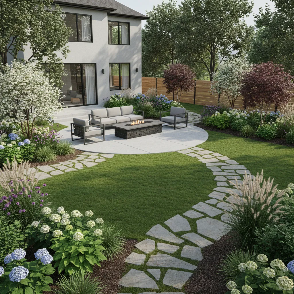 3D backyard landscape layout created with garden design software showing patio lawn and planting beds