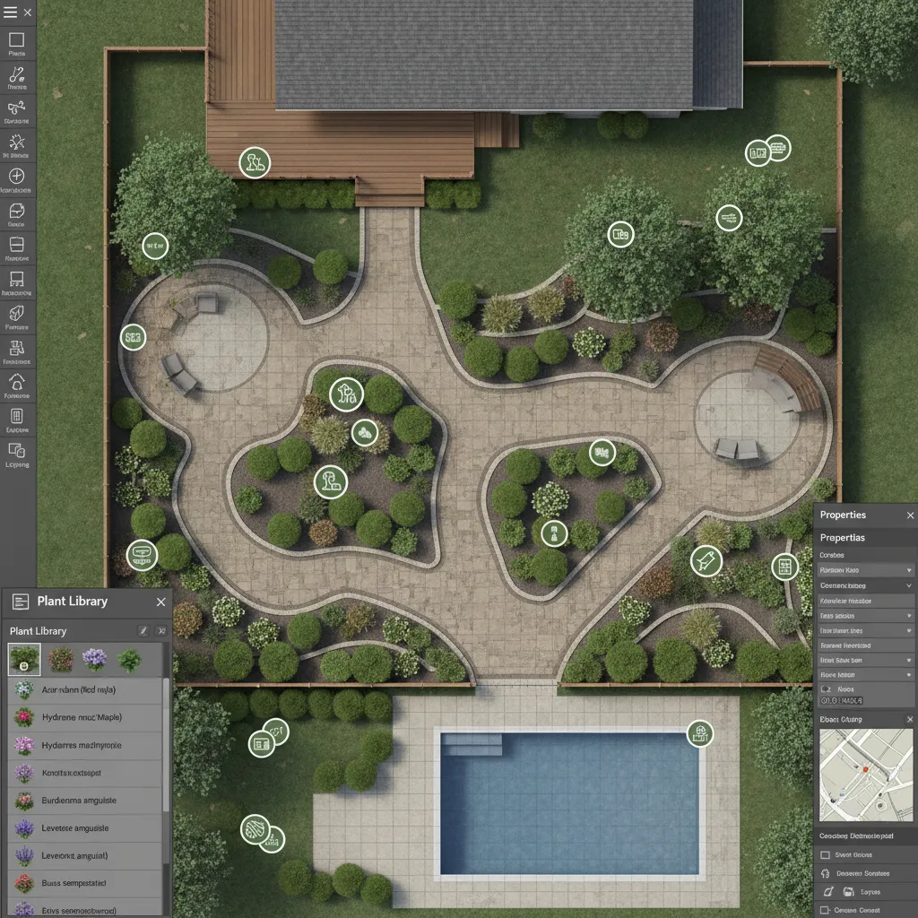 Landscape design software showing plant placement and garden zones