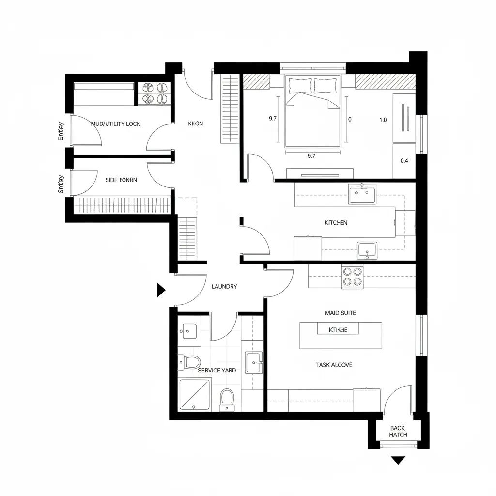 Top-down CAD floor plan of garden-edge maid suite with service spine and acoustic buffers