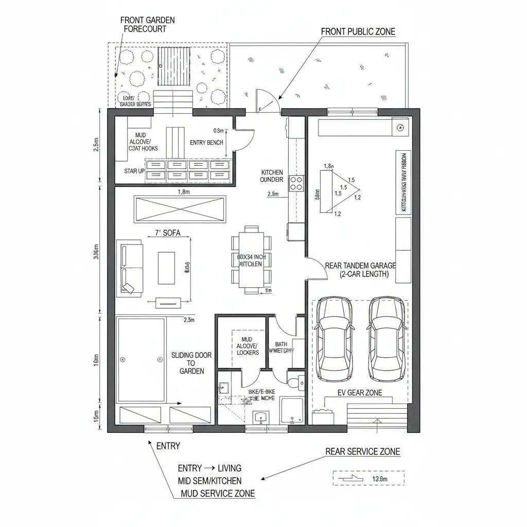Detailed room layout showing a living room kitchen dining area and a two car tandem garage