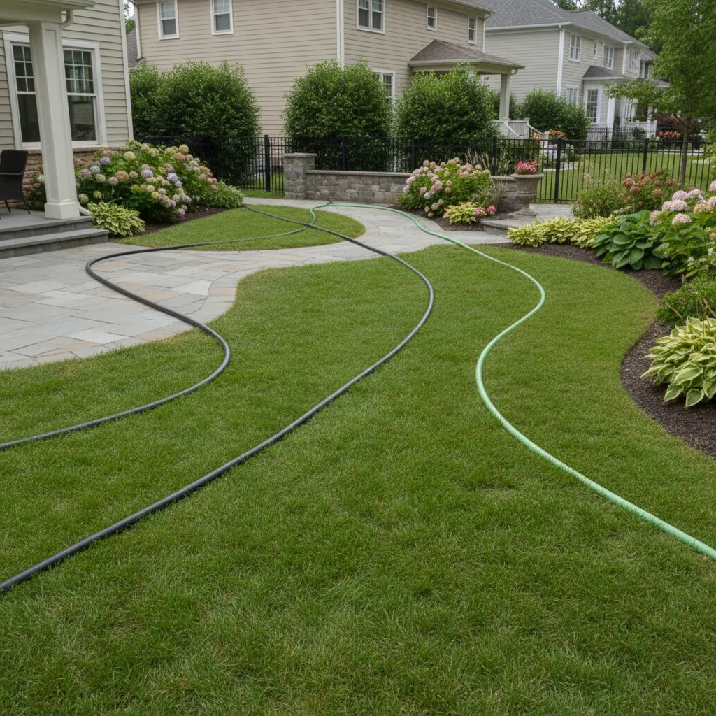Different garden hose colors placed across a backyard lawn