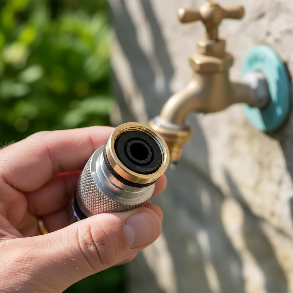 Close-up of garden hose connector with rubber washer