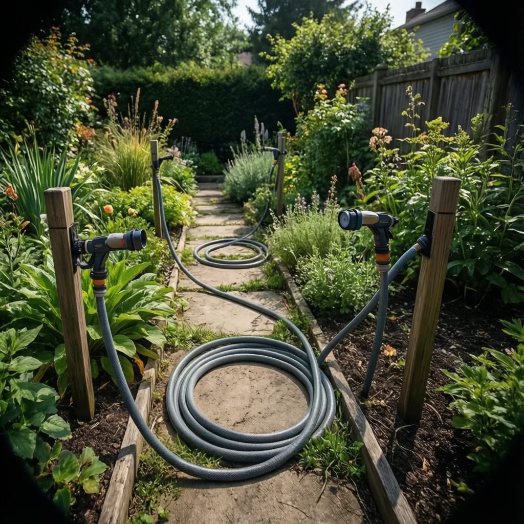 Garden hose routed smoothly along garden path using hose guides