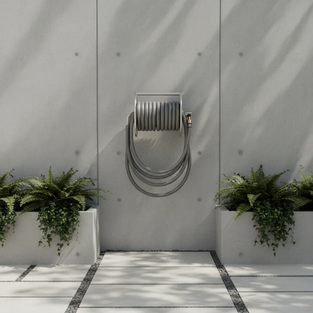 Grey garden hose neatly stored on outdoor wall mounted hose reel in shaded area