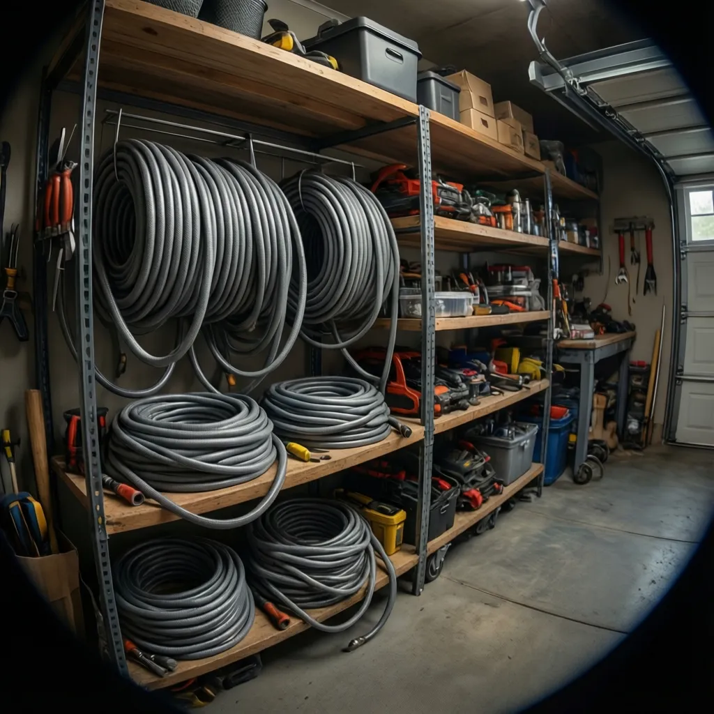 Grey garden hose coiled and stored neatly on shelf in garage