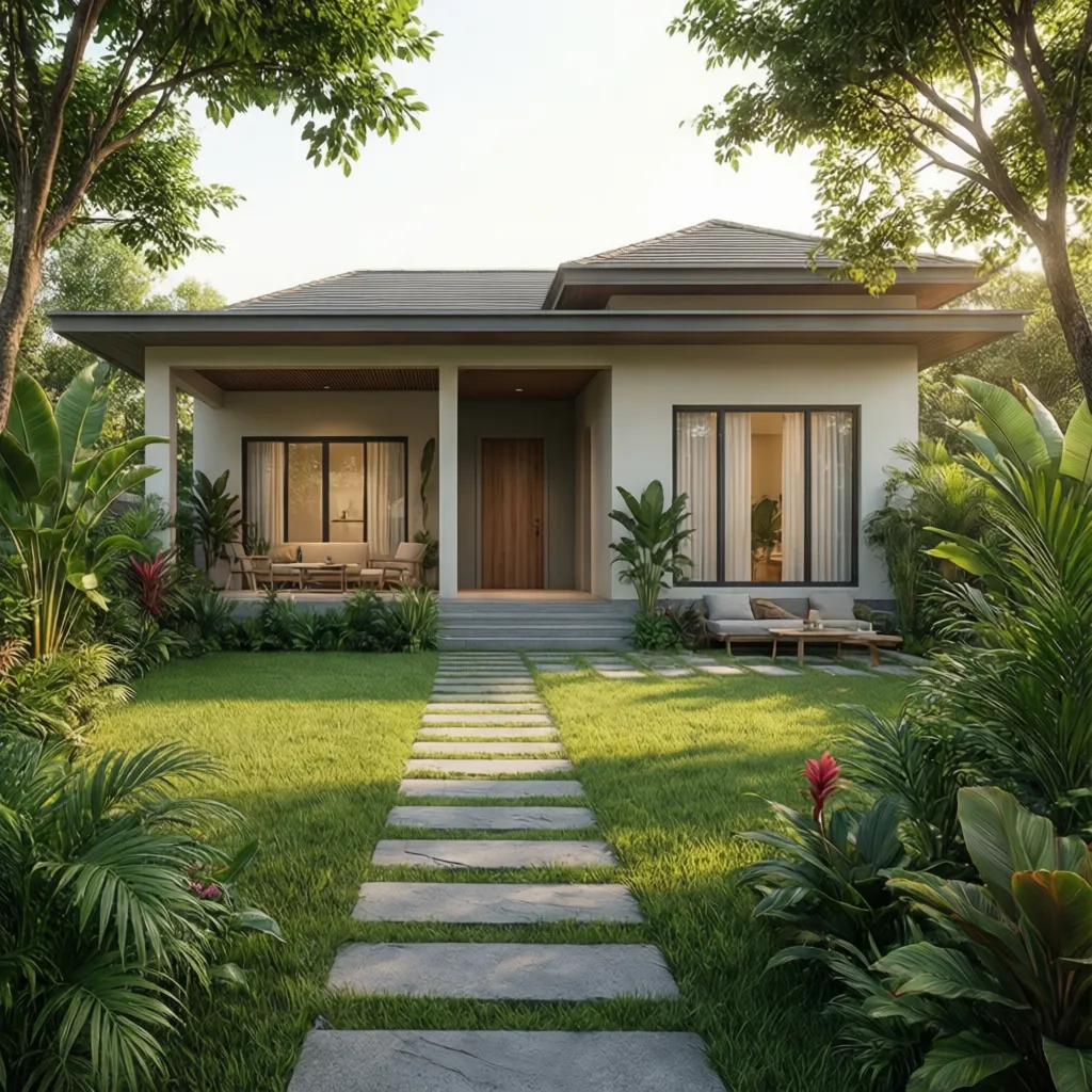sân trước nhà vườn 10x20m với lối đi và cây xanh