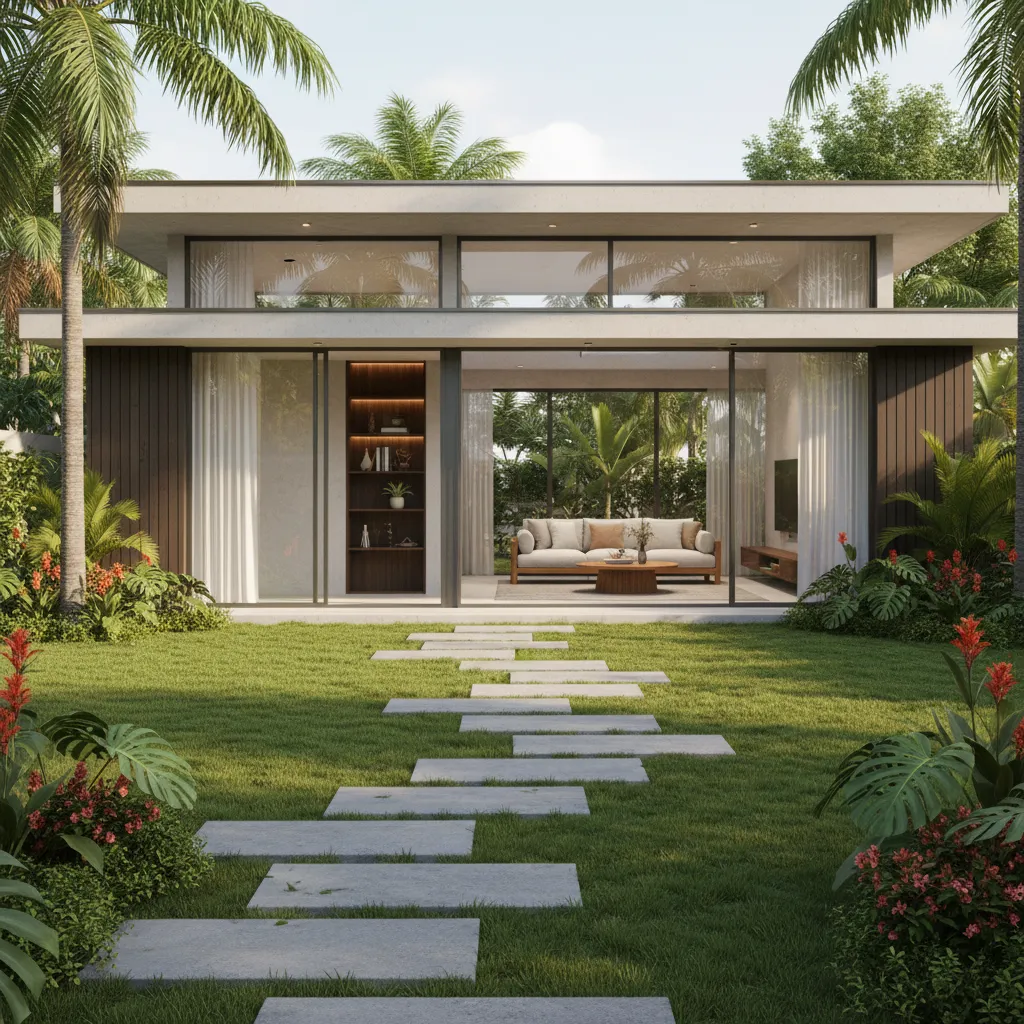 nhà sân vườn hiện đại với sân cỏ và lối đi đá