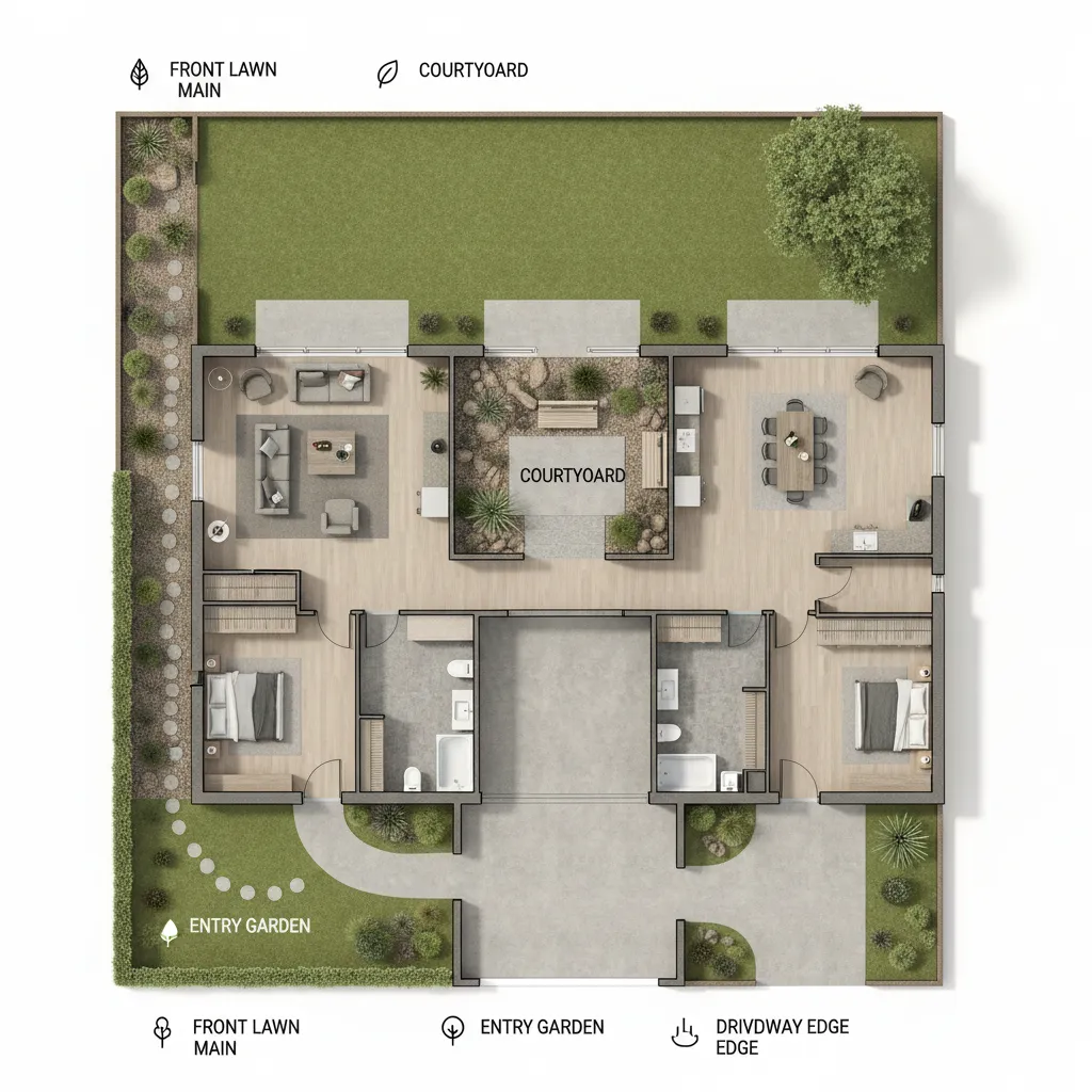 Architectural floor plan showing different garden placement options