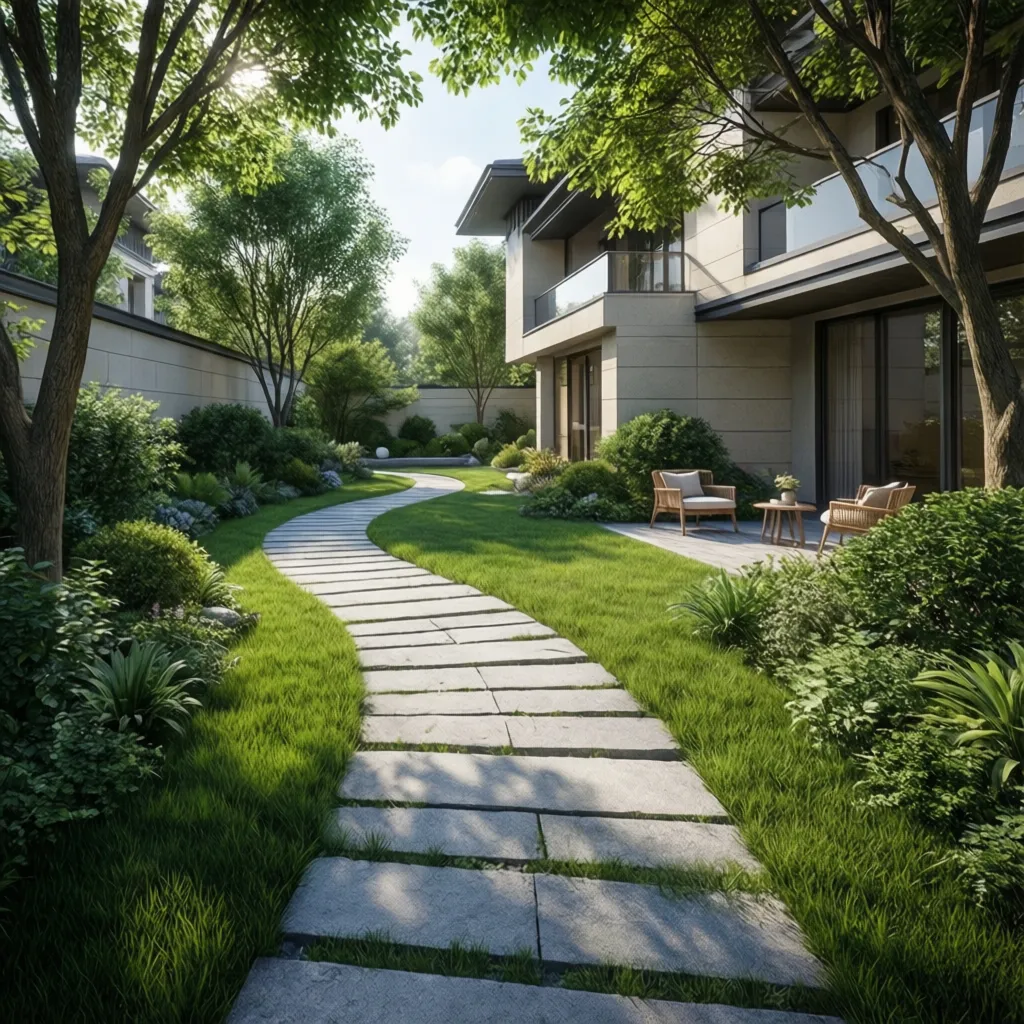 lối đi cong trong khu vườn nhà vườn rộng