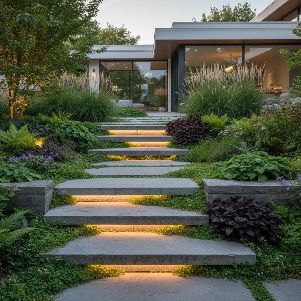 Escalones integrados en un jardín con plantas y iluminación