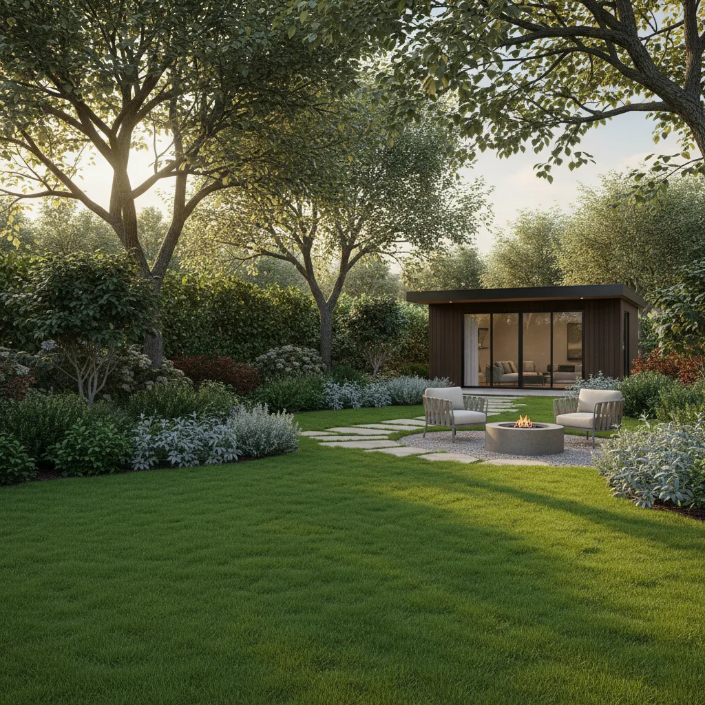 cảnh quan sân vườn nhiều lớp với cây lớn cây bụi và thảm cỏ