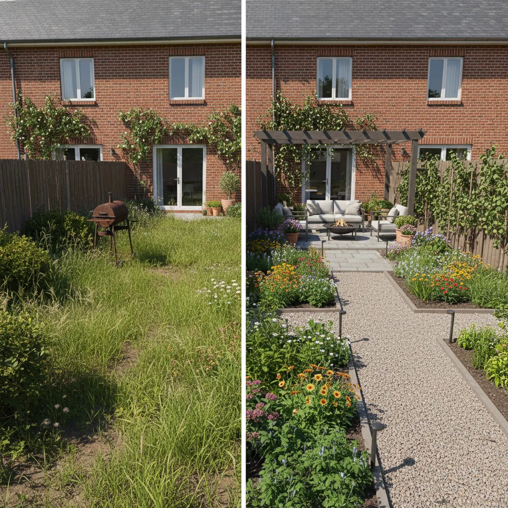 comparison of unplanned backyard and structured garden layout with paths and planting beds