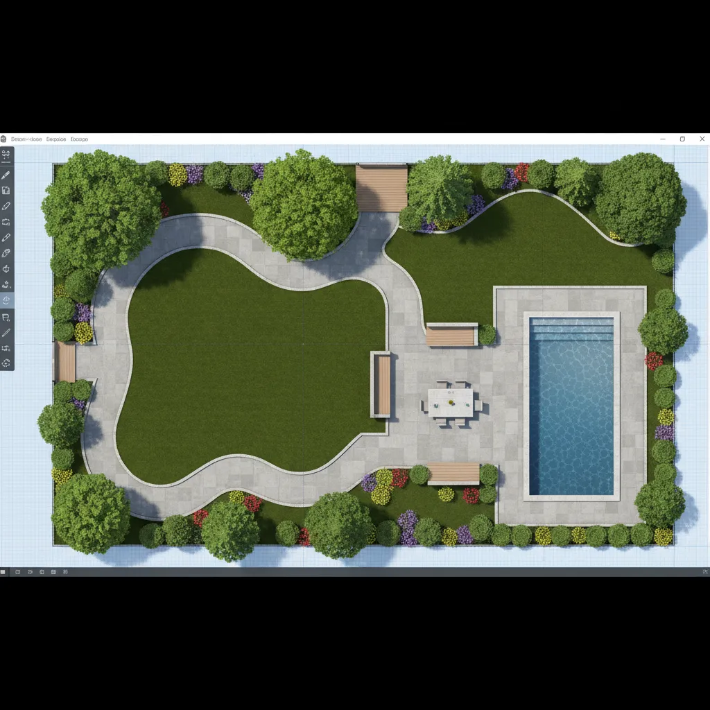 Plano digital de jardín con zonas de césped, caminos y terraza