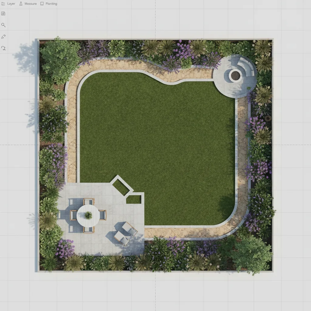 Digital garden layout with paths plants and patio zones in design software