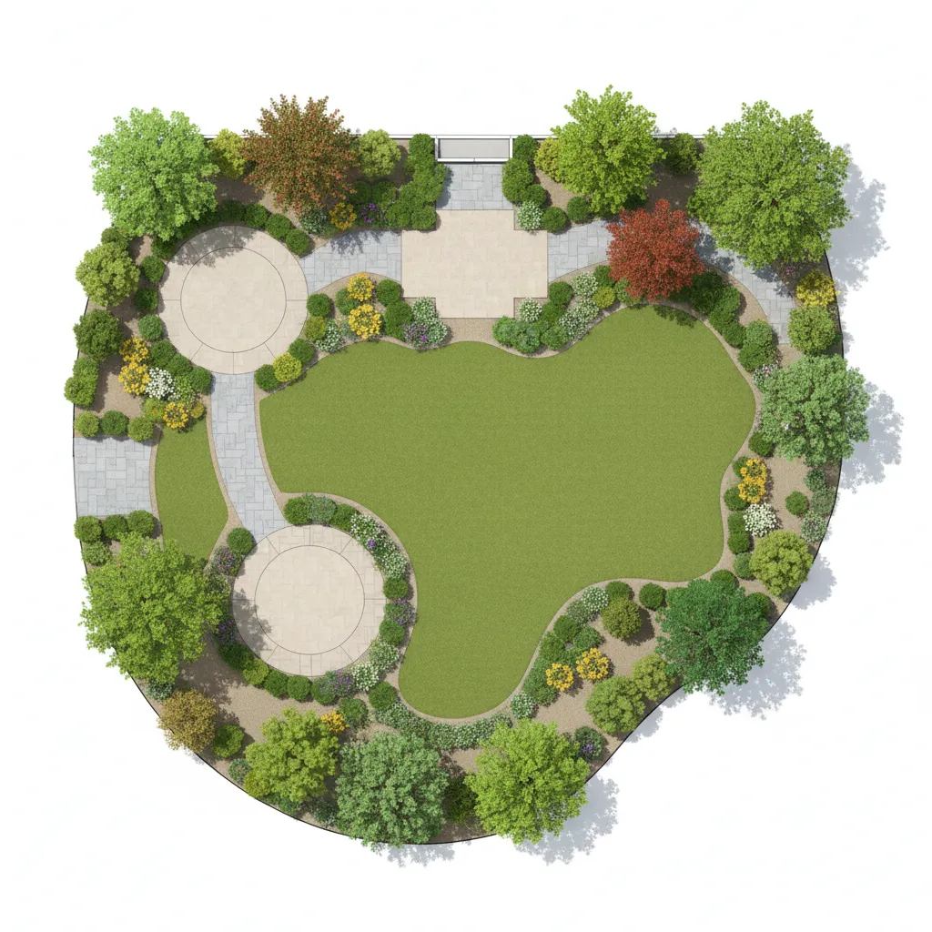 garden layout plan showing zones pathways patio and planting beds in landscape planning software