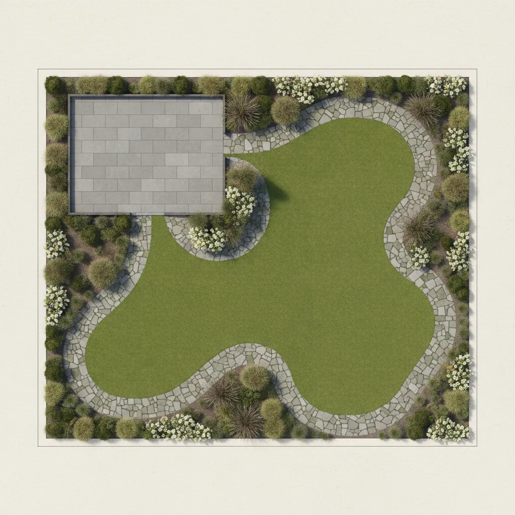 3D landscape design layout showing patio paths and garden beds