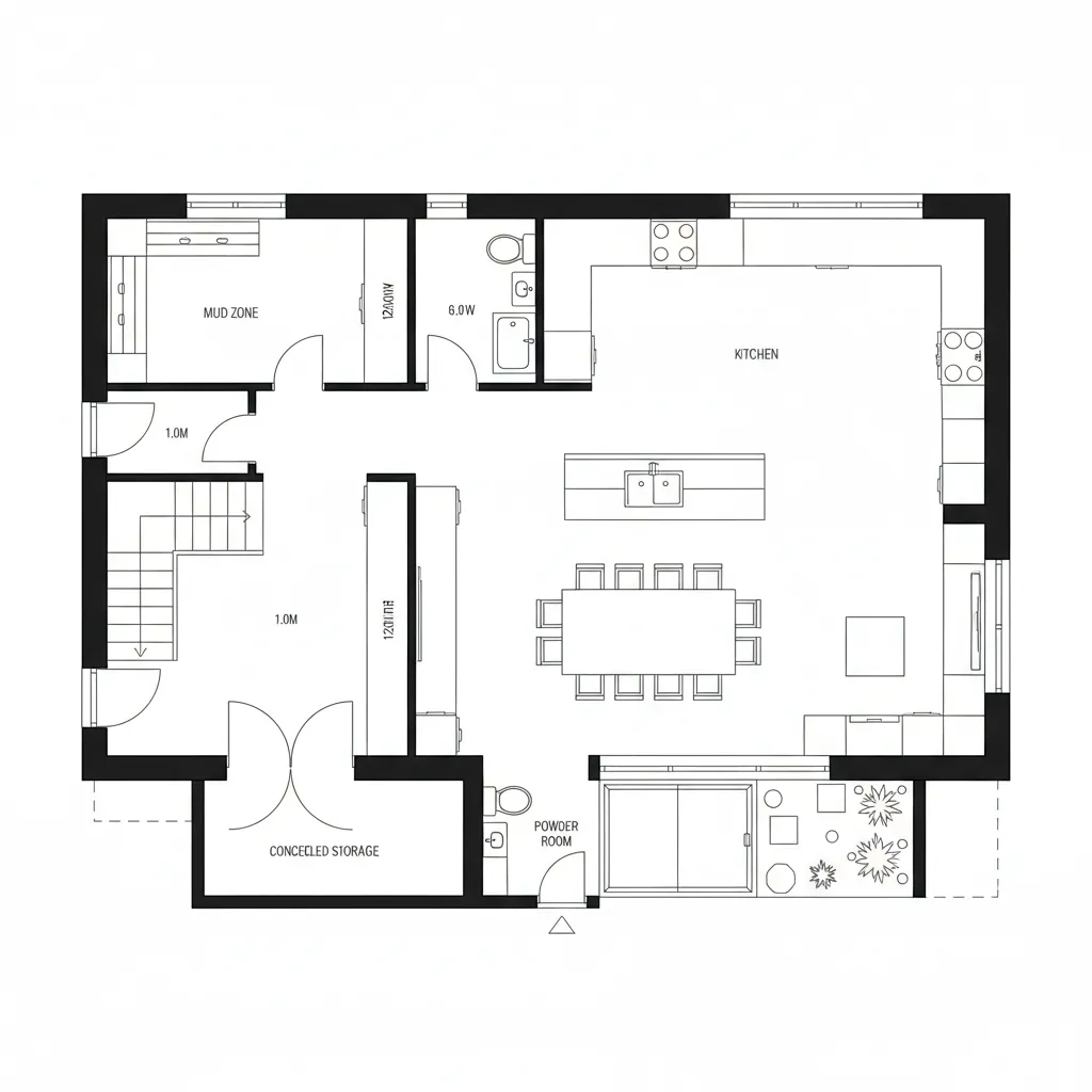 Ground-level commons plan with kitchen, dining, play nook, courtyard, and service spine