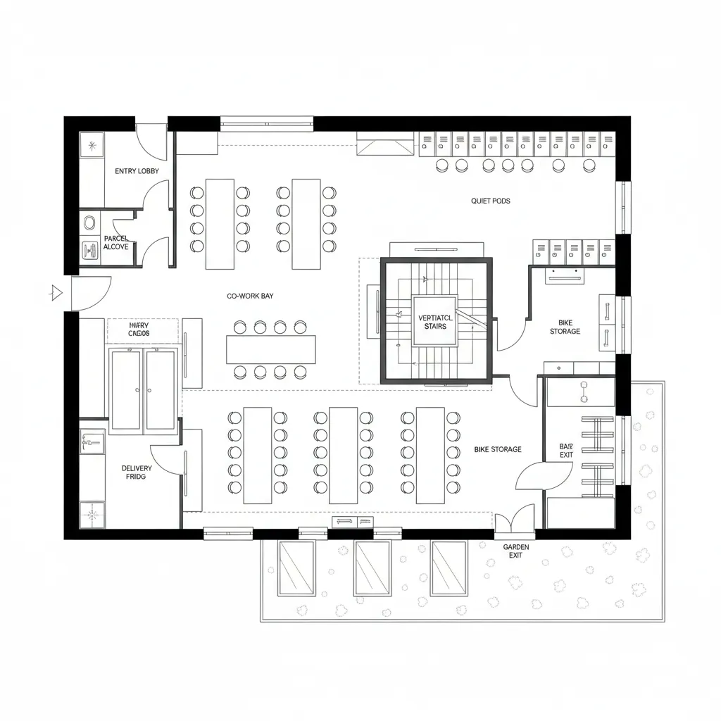 Garden-Level Micro-Layer: Communal Spine + Quiet Pods