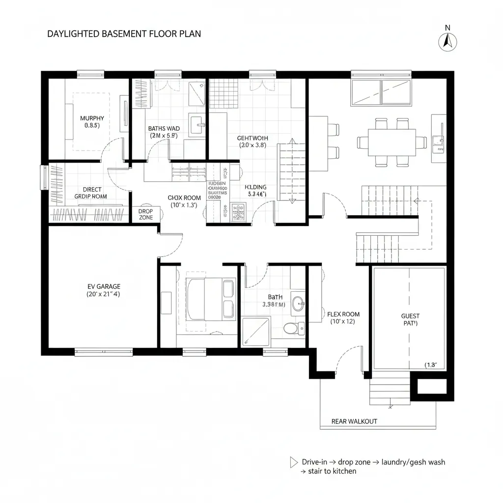 Daylighted basement floor plan with a garage bathroom kitchen and dining area featuring a patio